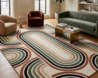 Alfombra geométrica retro de lana – Decoración de suelo moderna de mediados de siglo en tonos tierra 2,7 x 3,6 metros