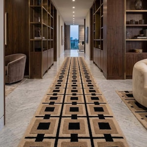 Luxury Geometric Hallway Runner Rug, Modern Beige Black Long Corridor Carpet, Minimalist Marble Floor Runner, Contemporary Home Decor Rug