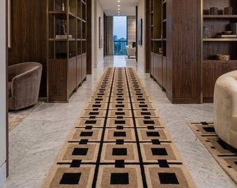 Alfombra de pasillo geométrica de lujo, alfombra moderna de pasillo largo en beige y negro, alfombra minimalista de mármol para el suelo, alfombra de decoración contemporánea para el hogar.