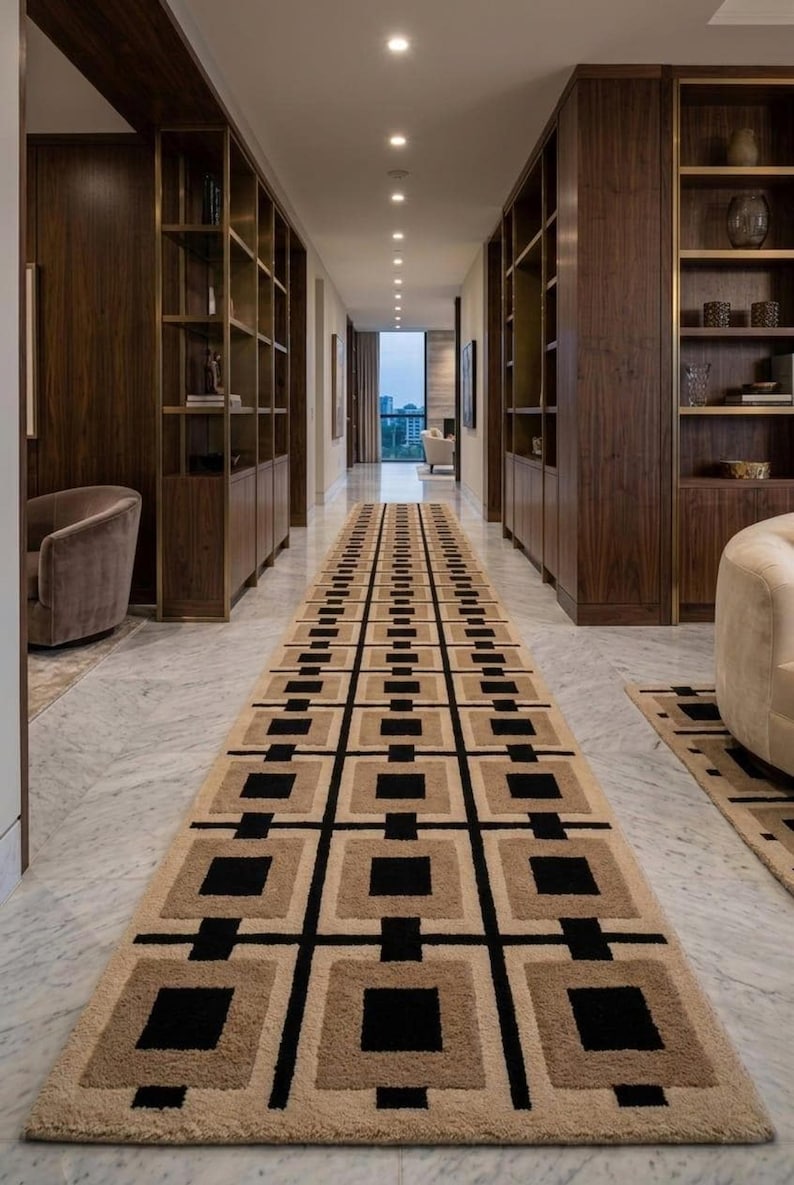 Luxury Geometric Hallway Runner Rug, Modern Beige Black Long Corridor Carpet, Minimalist Marble Floor Runner, Contemporary Home Decor Rug