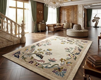 Handmade Beige Floral Tufted Rug, Botanical Border Area Rug, Blush Cream Wool Rug, Feminine Living Room Rug, Luxury Flower Carpet Decor
