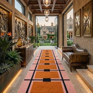 May include: An interior hallway with a geometric rug in shades of pink, orange, and black. The hallway features a wooden ceiling, large windows, and decorative wall art. A leather sofa sits to the side, and the view opens to a garden.