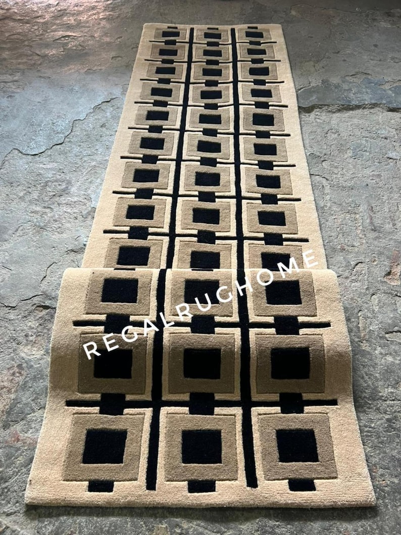 Luxury Geometric Hallway Runner Rug, Modern Beige Black Long Corridor Carpet, Minimalist Marble Floor Runner, Contemporary Home Decor Rug