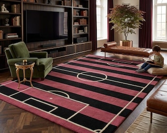 Luxury Soccer Field Area Rug, Modern Rossoneri Stripped Football Carpet, Premium Deep Pink and Black Living Room Mat, Kids Playroom Rug.