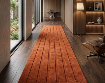 Alfombra de lana color óxido hecha a mano, alfombra moderna de terracota para pasillo, alfombra de lujo personalizada con mechones, alfombra minimalista color naranja quemado para sala de estar.