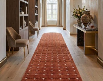 Alfombra de pasillo de lana con mechones color terracota - Alfombra de pasillo hecha a mano color óxido y naranja quemado - Alfombra ovalada geométrica moderna - Alfombra de dormitorio de lujo estilo boho