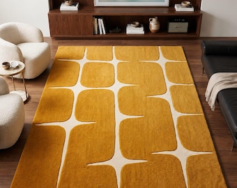 Mid Century Modern Hand Tufted Rug, Ochre Yellow Wool Area Rug, Geometric Tufted Rug for Living Room, Large Mustard Carpet, Retro Accent Rug