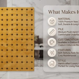 May include: A square mustard yellow area rug featuring a repeating grid pattern of small black plus signs. Beside the rug, a translucent information panel displays text detailing product specifications including material, pile, and customization options.