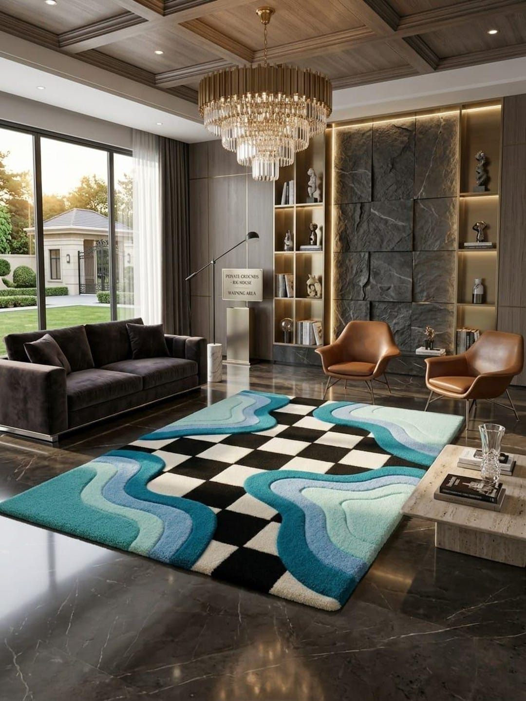 Wavy Checkerboard Area Rug Retro Hand Tufted Wool Bright Blue Groovy ...