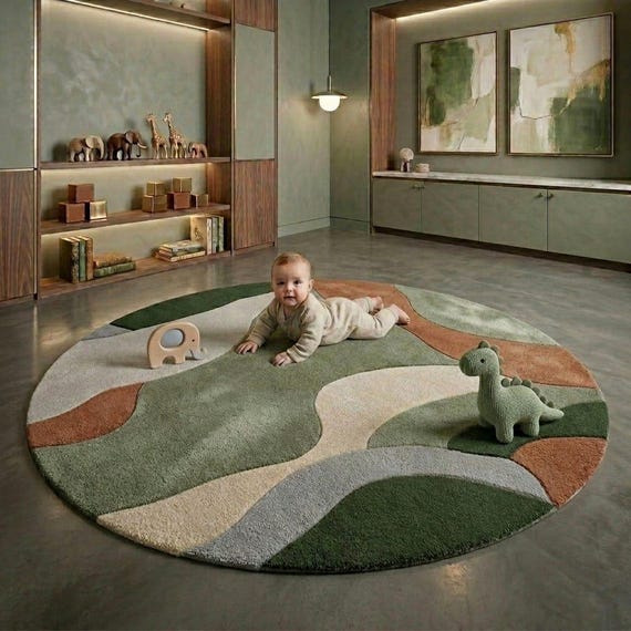 Abstract Organic Hand Tufted Rug Sage Green Terracotta Beige Modern Boho Wool Carpet 5x5ft