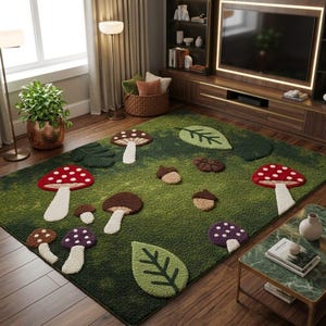 Mushroom Meadow Hand-Tufted Rug | Whimsical Woodland Rectangle Rug NWoodland Magic Hand-Tufted Kids Rug for Kids Room Study Room and Nursery