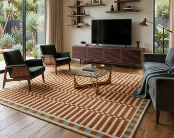Hand Tufted Wool Area Rug, Geometric Mid Century Boho Decor, Rust Orange Carpet