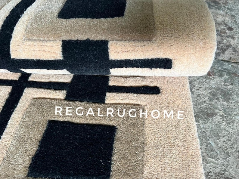 Luxury Geometric Hallway Runner Rug, Modern Beige Black Long Corridor Carpet, Minimalist Marble Floor Runner, Contemporary Home Decor Rug