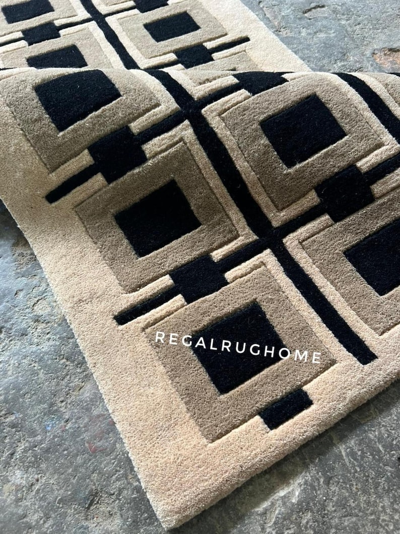 Luxury Geometric Hallway Runner Rug, Modern Beige Black Long Corridor Carpet, Minimalist Marble Floor Runner, Contemporary Home Decor Rug