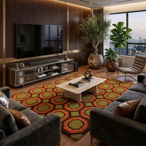 Könnte beinhalten: Ein Wohnzimmer mit einem großen Teppich mit orangefarbenem und grünem Sechseckmuster, einem hellen Steincouchtisch, zwei dunkelgrauen Sofas mit braunen Lederkissen, einem Medienboard und zwei Topfpflanzen in der Nähe eines Fensters.