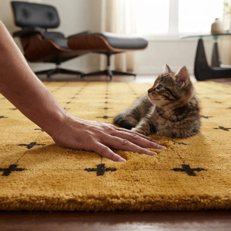May include: A mustard yellow area rug featuring a repeating pattern of small black crosses arranged in a grid. The rug has a thick, plush, tufted texture. A small tabby kitten with brown and black stripes is resting on the surface of the rug.