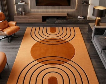Mid Century Modern Abstract Area Rug, Geometric Arch Pattern Carpet, Retro Terracotta Beige Living Room Rug, Contemporary Minimalist Floor.