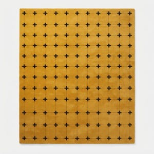 May include: A rectangular area rug featuring a solid mustard yellow background with a repeating grid pattern of thin black lines. At each intersection of the grid lines, there is a small black plus sign, creating a uniform geometric design.