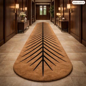 May include: A long, narrow runner rug featuring a tan, textured surface with a prominent, centered black line design that branches outward like a leaf or feather pattern, extending the full length of the rug with rounded ends.