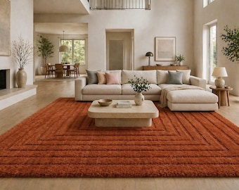 Burnt Orange Wool Rug, High Pile Modern Scandinavian Carpet, Hand Tufted Living Room