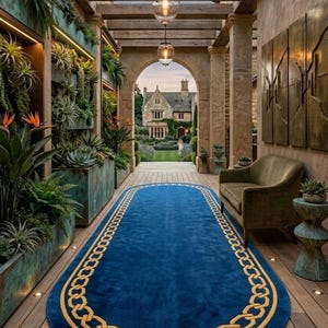 Luxury Royal Blue Corridor Runner Carpet with Gold Greek Key Border