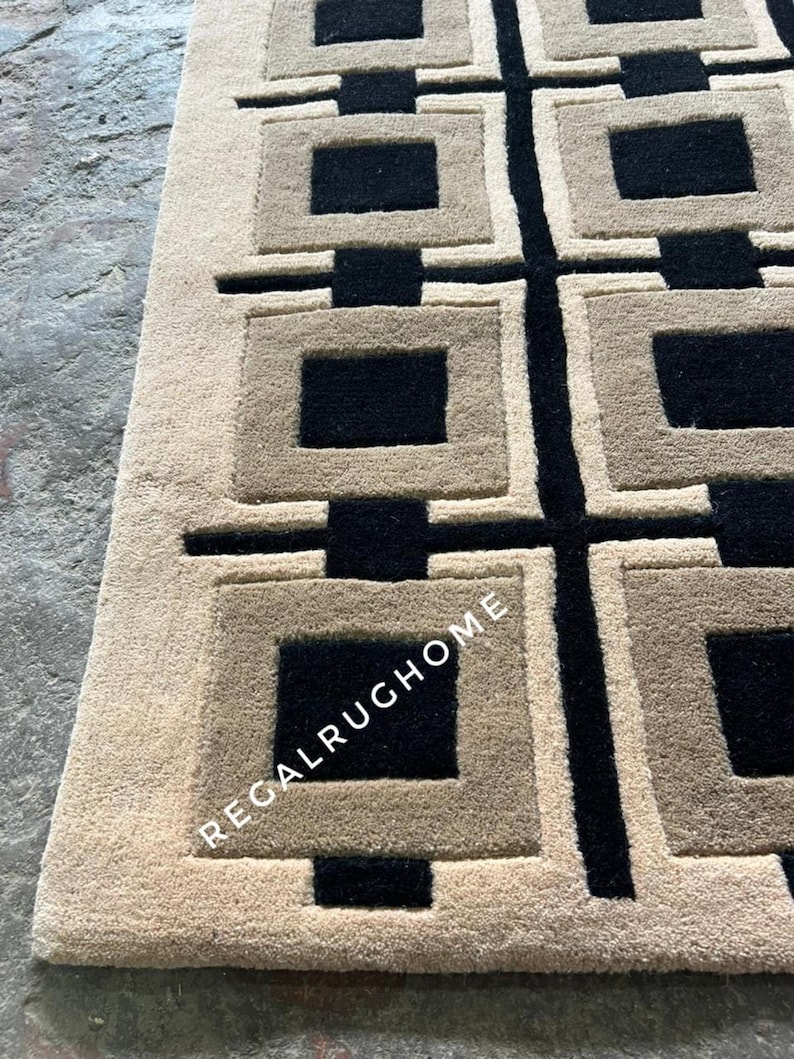 Luxury Geometric Hallway Runner Rug, Modern Beige Black Long Corridor Carpet, Minimalist Marble Floor Runner, Contemporary Home Decor Rug