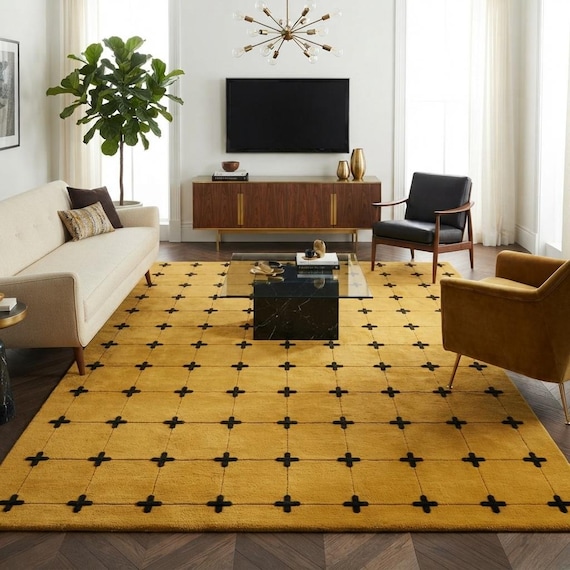 Hand Tufted Wool Rug, Mustard Yellow Area Rug, Black Cross Grid Geometric Carpet, Mid Century Modern Living Room Rug, Custom Size Rug