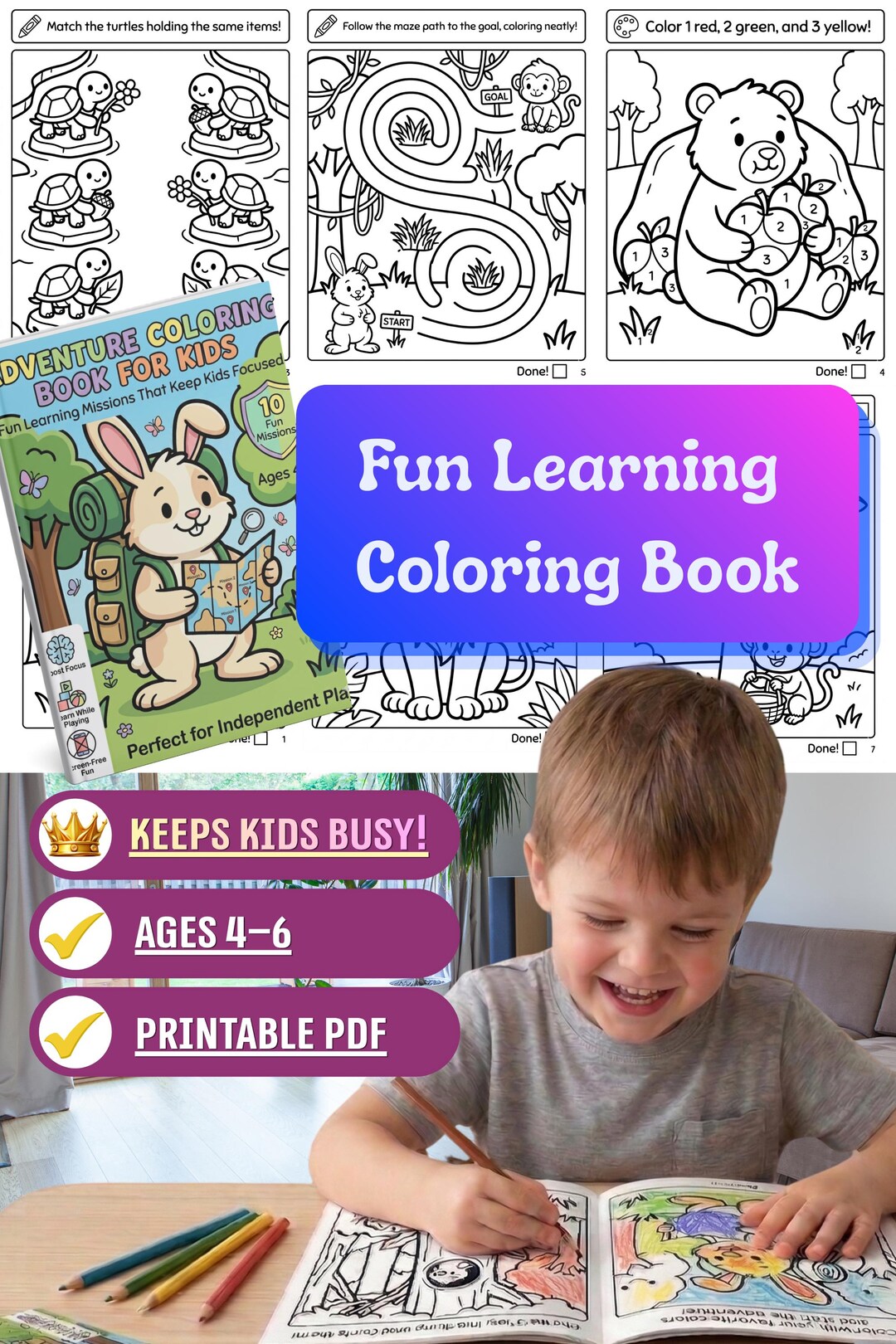 Printable Kids Coloring Book PDF, Fun Learning Activity, Educational ...