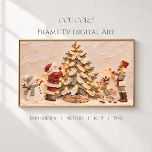 Puede incluir: Arte digital para Frame TV titulado COU CORE FRAME TV DIGITAL ART. La imagen muestra una escena navideña en relieve texturizado con Santa Claus, un muñeco de nieve, un reno y un cascanueces decorando un árbol con luces brillantes.