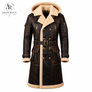 Men's Hooded Shearling Leather Coat, Distressed Brown Leather Trench Coat, Long Winter Aviator Coat, Belted Luxury Jacket