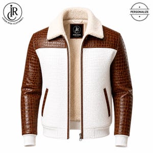 May include: A two-tone jacket featuring brown crocodile-textured sleeves and upper panels contrasted with white crocodile-textured front panels. It includes a white sherpa collar, a white ribbed hem and cuffs, and a central zipper closure.