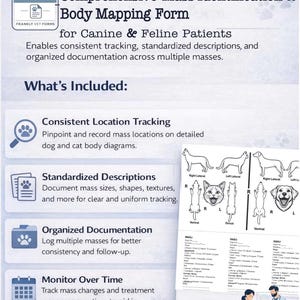 Puede incluir: Formulario de mapeo corporal para pacientes caninos y felinos. Incluye secciones para el seguimiento consistente de la ubicación, descripciones estandarizadas y documentación organizada. Con diagramas. De Frankly Vet Forms.