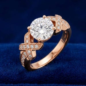 Puede incluir: Un anillo de oro rosa de 14K con una gran piedra central de talla brillante redonda rodeada de diamantes m&aacute;s peque&ntilde;os en pav&eacute;. La banda presenta un dise&ntilde;o en forma de X en ambos lados, tambi&eacute;n acentuado con peque&ntilde;os diamantes y marcado 14K.