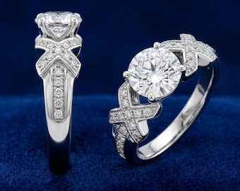 1 CT Round Lab Diamond Criss-Cross Ring, Solid Gold Pave X-Shape Wedding Band