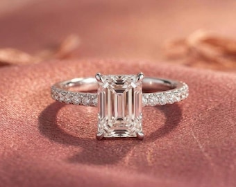2.00 Carat Emerald Cut Lab Grown Diamond Ring with Hidden Halo For Wedding & Engagement