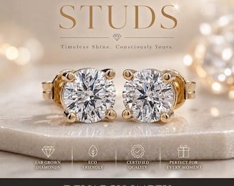 2 Carat Lab Grown Diamond Stud Earrings, Round Brilliant Cut, Solid Gold Screw Back