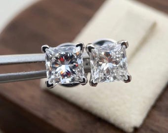 Princess Cut Lab Grown Diamond Stud Earring, 2.00-4.00ctw IGI Certified in Solid Gold