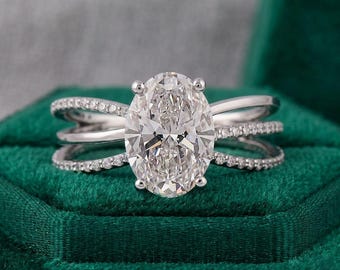 Oval Cut Lab Grown Diamond Engagement Ring – Triple Split Shank 14K White Gold Bridal