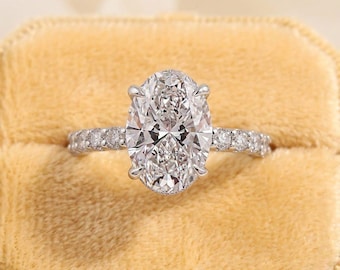 Oval Cut Lab Grown Diamond Engagement Ring, Hidden Halo Pave, 14K White Gold Ring