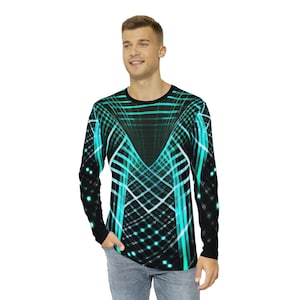 Men&#39;s Long Sleeve Shirt Graphic Design All Over Print Black White Green LASER LIGHT Fractal Abstract Festival Rave Yoga Dance