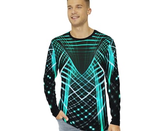 Men's Long Sleeve Shirt Graphic Design All Over Print Black White Green LASER LIGHT Fractal Abstract Festival Rave Yoga Dance