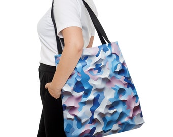 Tote Bag All Over Print Girly Pastel Camouflage 3D Pattern Blues White Pink Black Handles Carry Pack Travel Unique Style