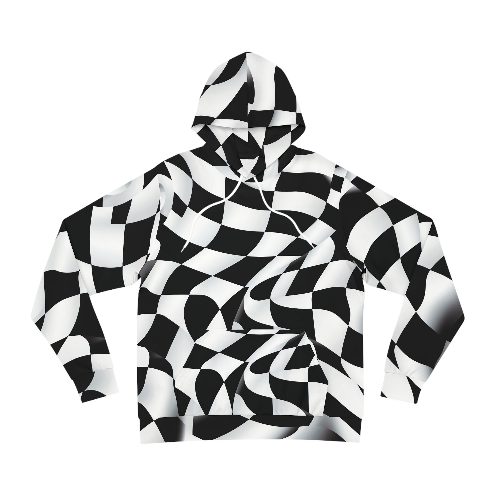 theuncorporation Fashion Hoodie All Over Print Psychedelic Checkers Black White Wavy Pattern Long Sleeves Warm Weather Jacket Rave Festival Style