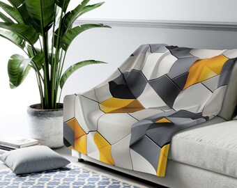 Sherpa Fleece Blanket Hexagon Shape Pattern Yellow With Shades of Grey & Black Simple Colorful Modern Contemporary Style