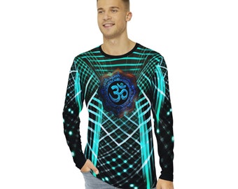 Men's Long Sleeve Shirt Graphic Design All Over Print Black White Green OHM LASER LIGHT Fractal Abstract Festival Rave Yoga Dance