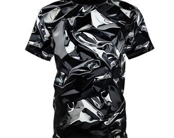 Psychedelic T-Shirt Unisex All Over Print Black Chrome Metallic Abstract Illusion Festival Rave Streetwear Unique Style AI Art