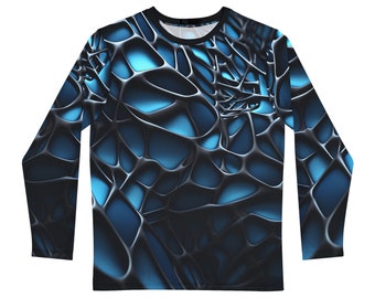 Men's Long Sleeve Shirt All Over Print Black Exo-Skeleton Abstraction Blue Background High Definition Illusion Psychedelic Festival