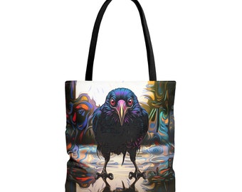 Tote Bag All Over Print Crow in Dreamland Psychedelic Background Red Eyed Bird Abstract Reflection Street Art Style