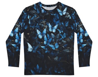 Men's Long Sleeve Shirt All Over Print Blue Iridescent Butterfly Flutter Black Background High Definition Kaleidoscope Illusion Festival