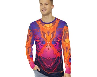 Psychedelic Men's Long Sleeve Shirt All Over Print Morphing into Abstraction Bright Pink Purple Orange Red Colors Festival Style